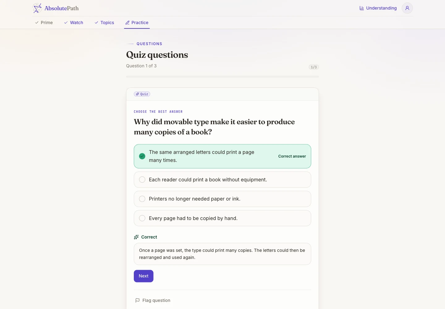 A printing-press history practice question with a selected answer and feedback